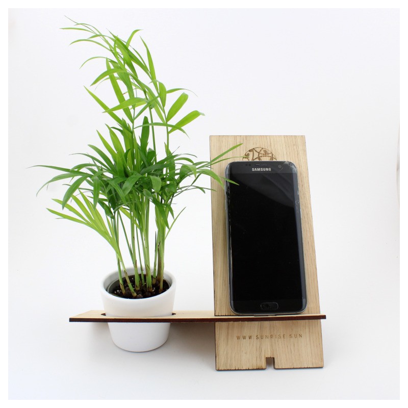 Support téléphone bois avec plante